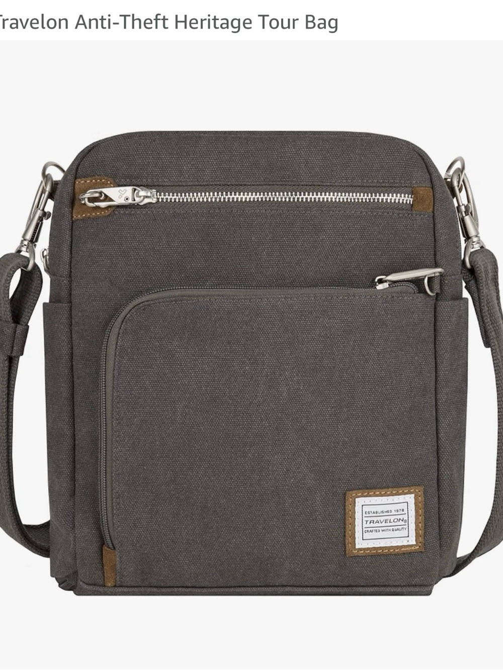 Travelon Gray Canvas Anti-Theft Crossbody Messenger Bag with Brown Accents SAGE